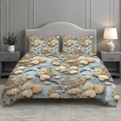 Blue Grey Water Floral Printed Micro Cotton King Size Bedsheet Set