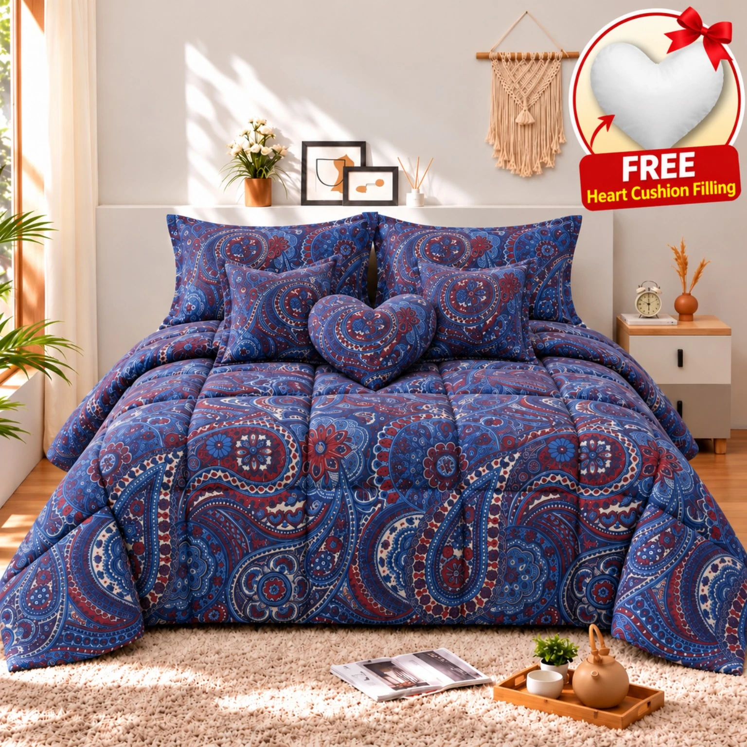 Blue Red Paisley Comforter Set (7PCs)