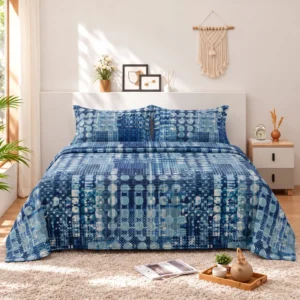 Blue White Patchwork Grid Cotton Printed Bedsheet