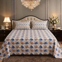 Blue Brown Geometric Floral King Size Printed Bedsheet
