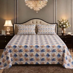 Blue Brown Geometric Floral King Size Printed Bedsheet