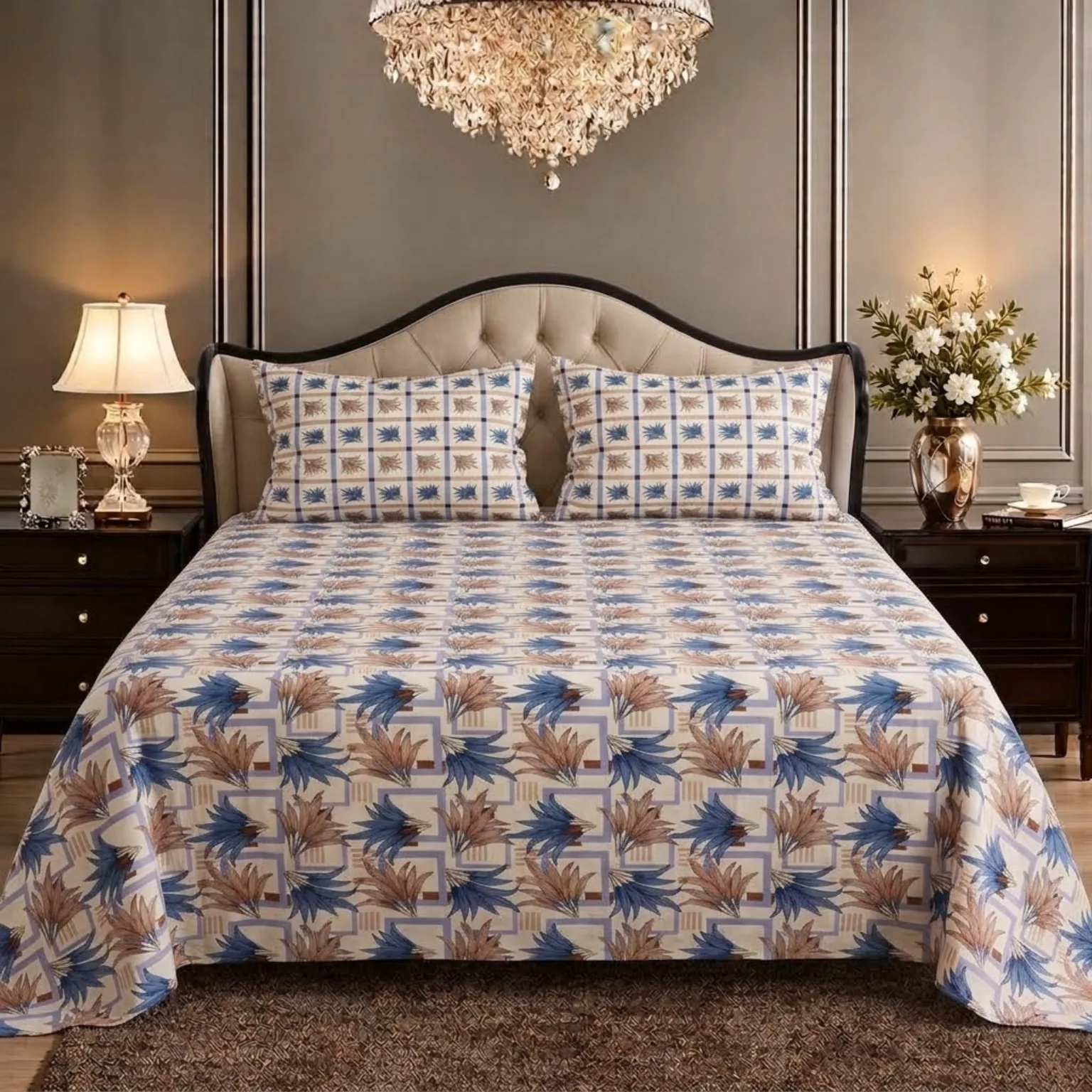 Blue Brown Geometric Floral King Size Printed Bedsheet