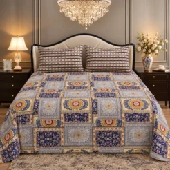 Blue Gold Patchwork King Size Printed Bedsheet