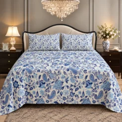 Blue Paisley Floral King Size Printed Bedsheet