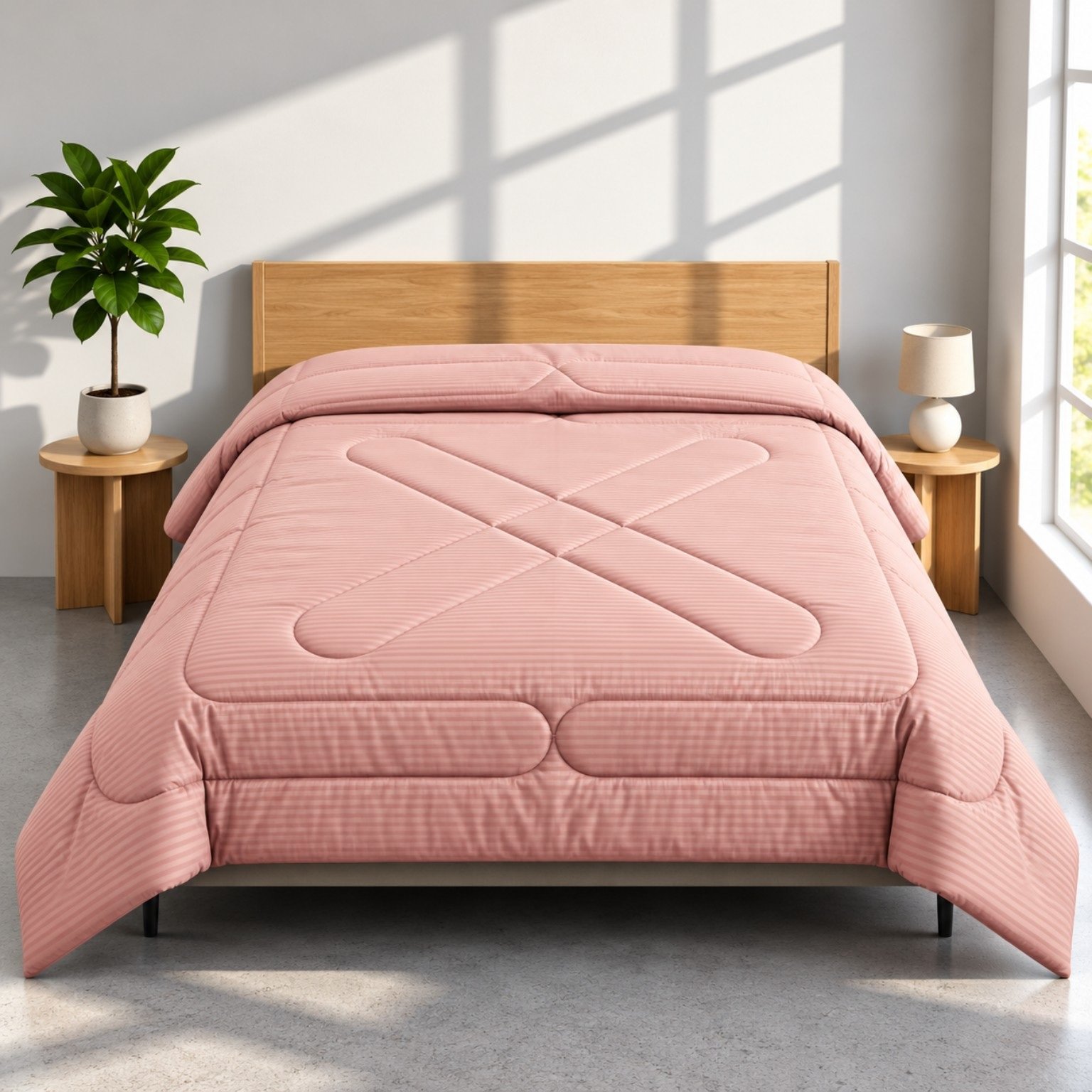 Blush Pink Ribbed Geometric Quilted Pure Cotton King Size Comforter