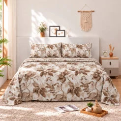 Brown Beige Botanical Cotton Printed Bedsheet