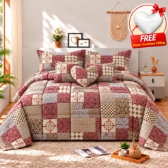 Burgundy Beige Grey Patchwork Comforter Set (7PCs)