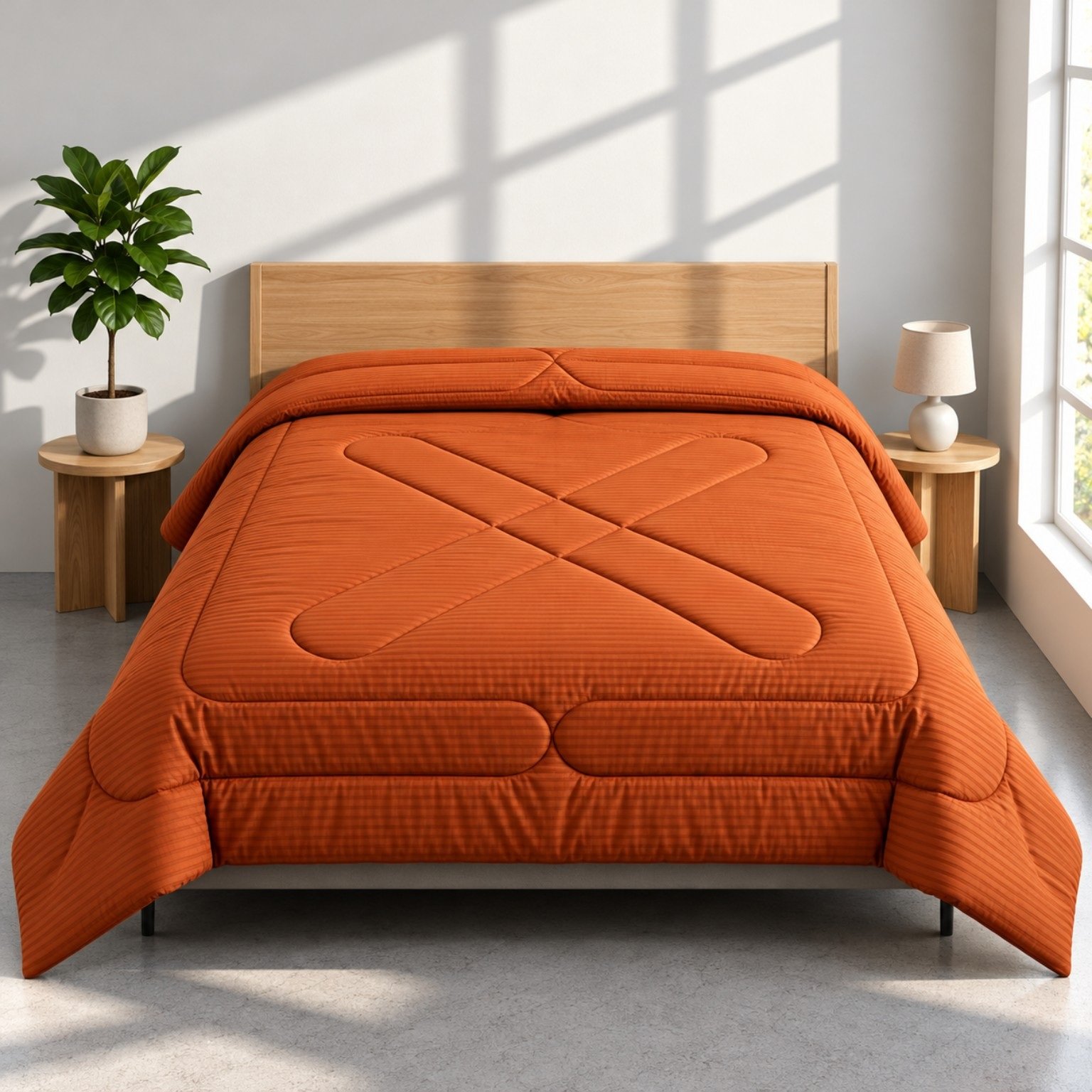 Burnt Orange Ribbed Geometric Quilted Pure Cotton King Size Comforter