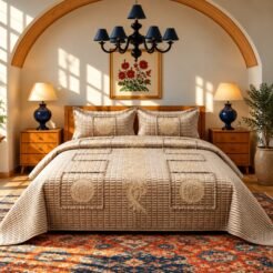 Champagne Beige Circular Medallion King Size Quilted Bedspread Set