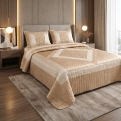 Champagne Beige Quilted Velvet Bridal Bedspread Set King Size