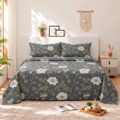 Charcoal Cream Botanical Floral Cotton Printed Bedsheet