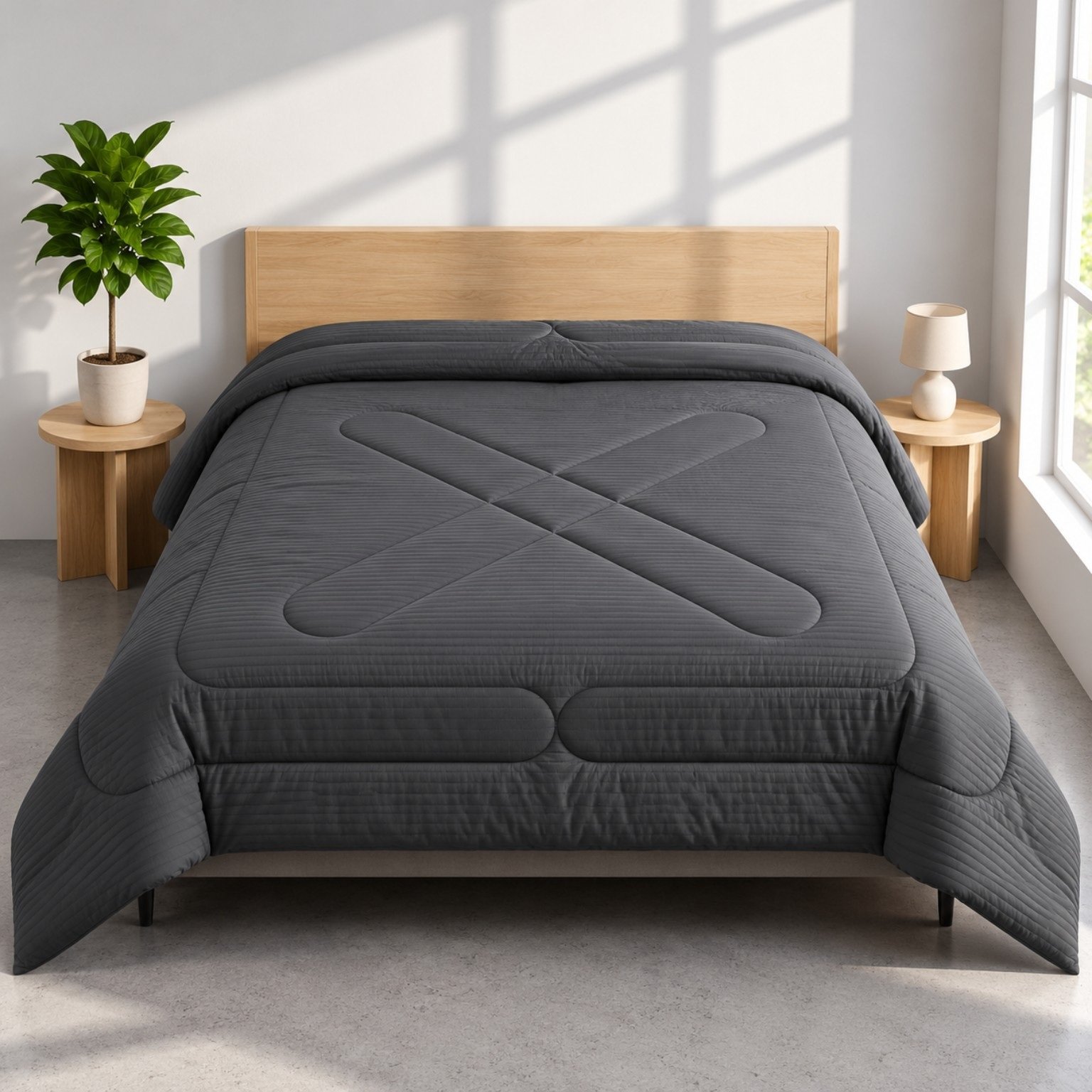 Charcoal Grey Ribbed Geometric Quilted Pure Cotton King Size Comforter