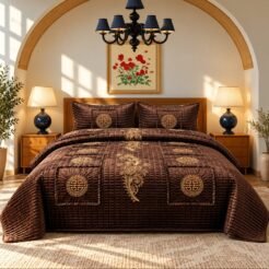 Chocolate Brown Gold Medallion King Size Quilted Bridal Bedspread Set
