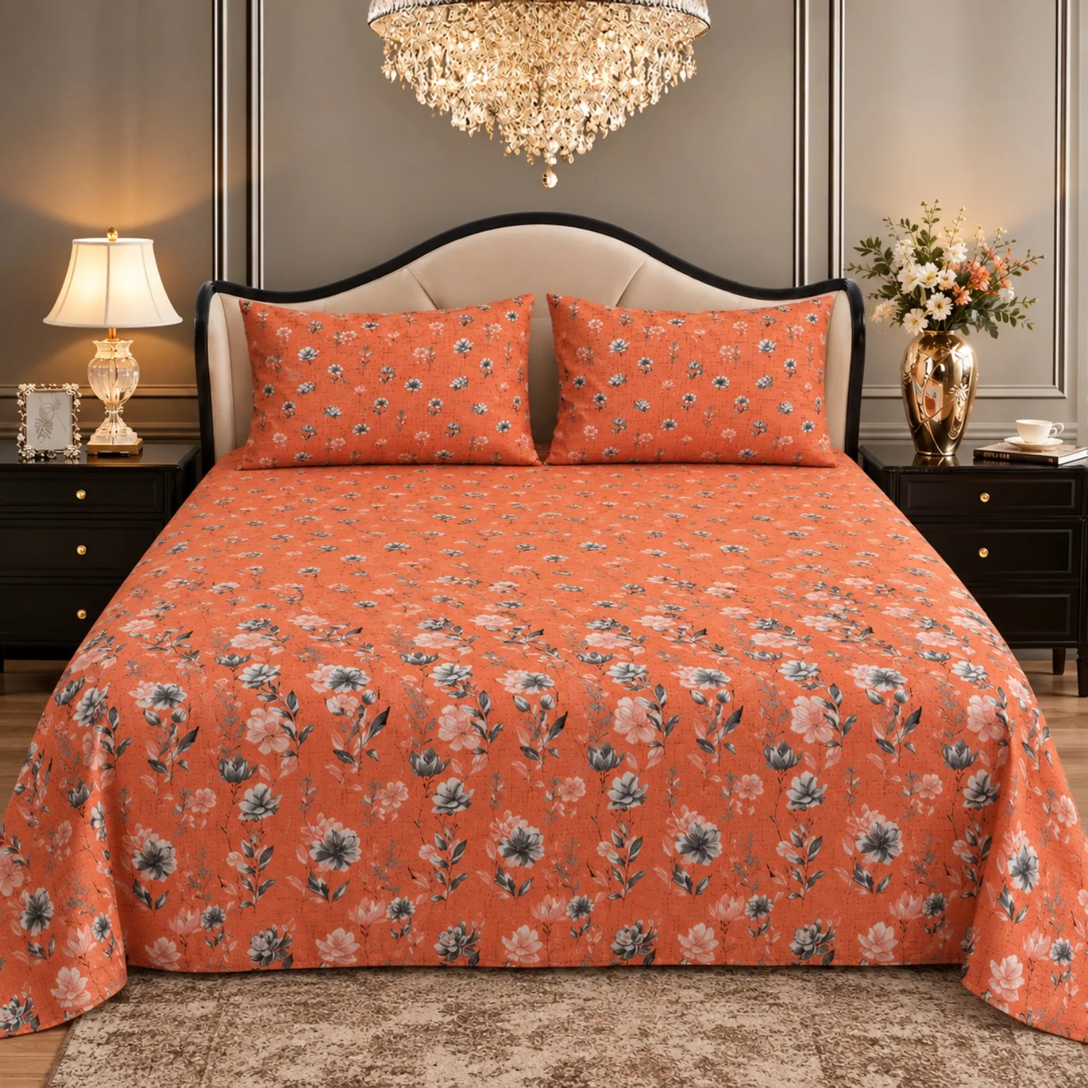 Coral Floral Vine King Size Printed Bedsheet
