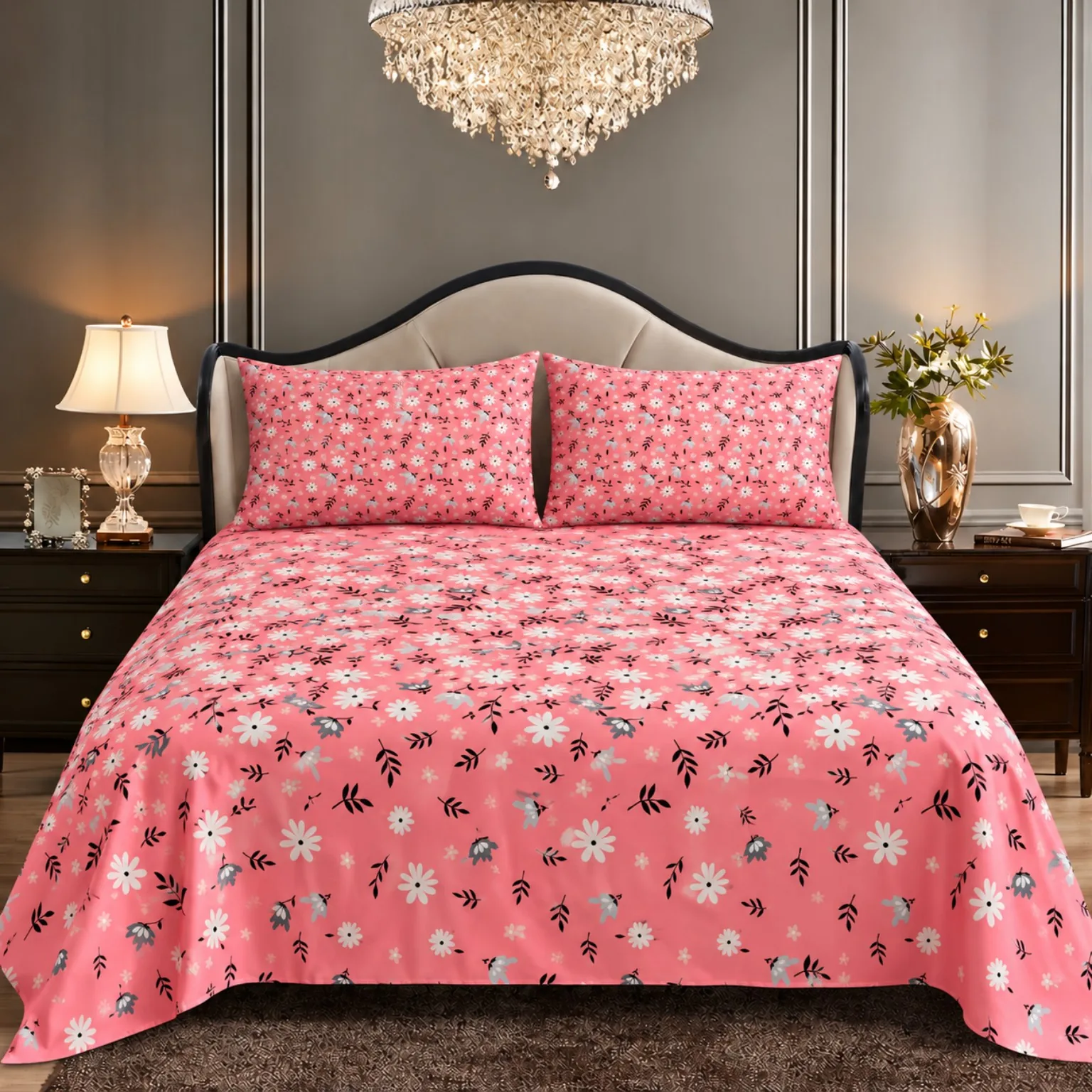 Coral Pink Mini Floral King Size Printed Bedsheet