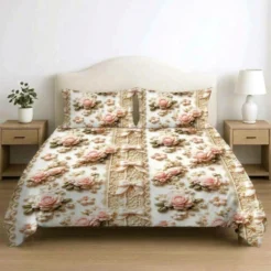Cream Pink Vintage Floral Printed Micro Cotton King Size Bedsheet Set