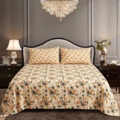Cream Orange Floral King Size Printed Bedsheet