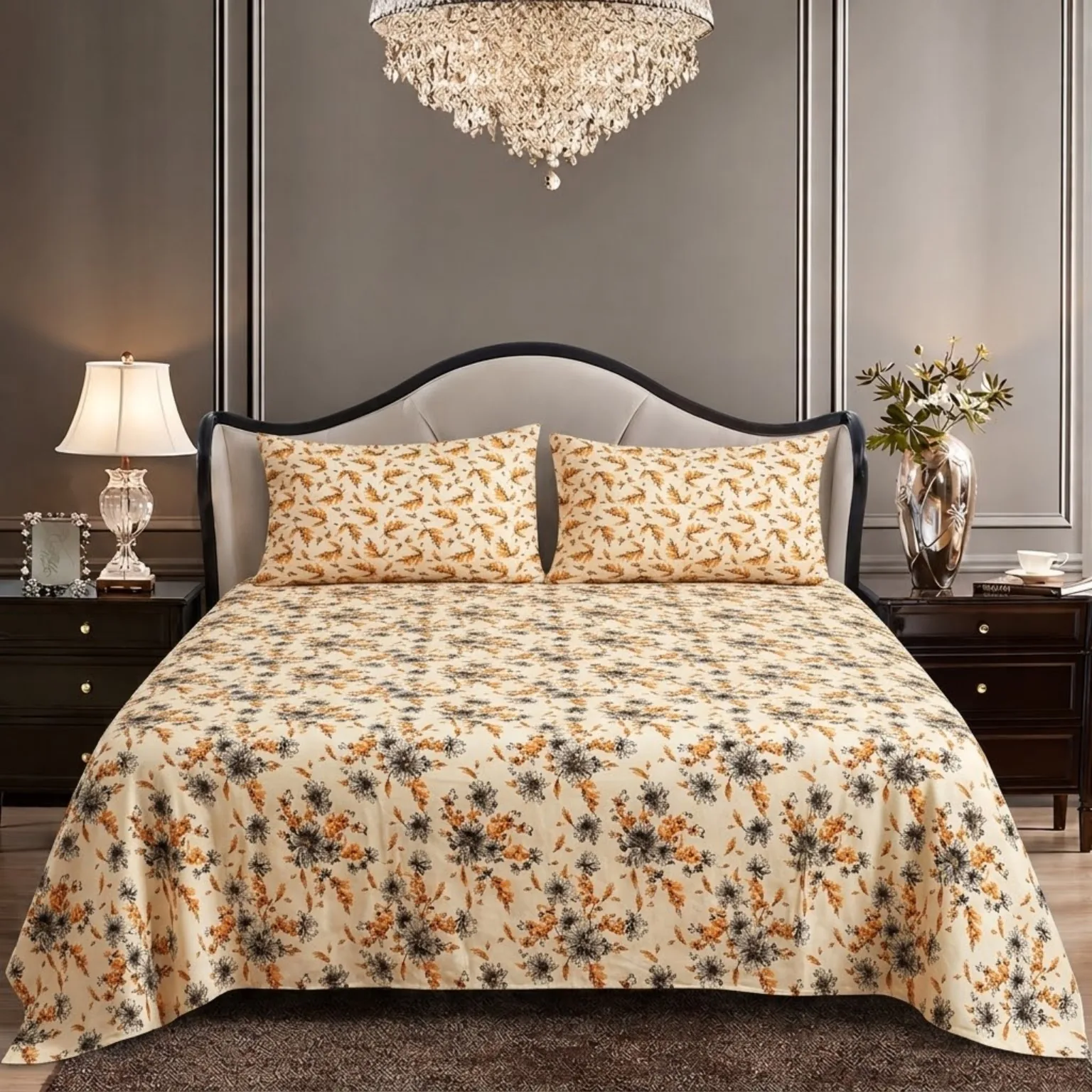 Cream Orange Floral King Size Printed Bedsheet