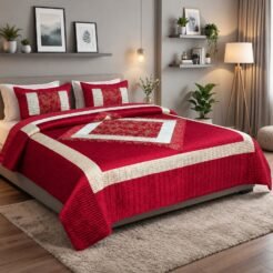 Crimson Red Quilted Velvet Bridal Bedspread Set King Size