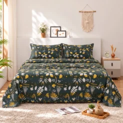 Dark Green Gold Botanical Cotton Printed Bedsheet
