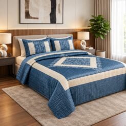 Denim Blue Quilted Velvet Bridal Bedspread Set King Size