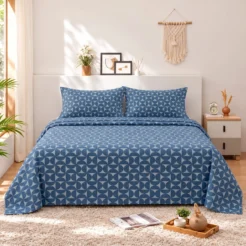 Denim Blue White Mini Floral Cotton Printed Bedsheet