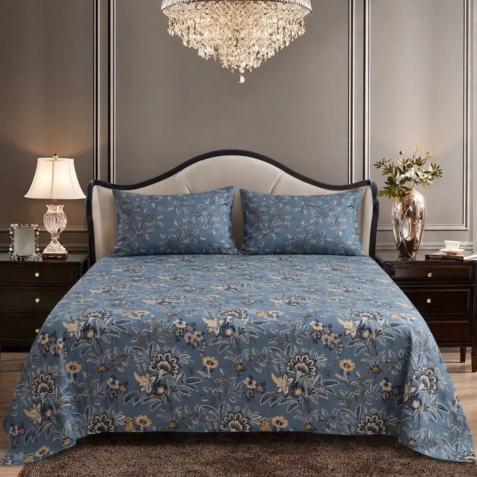 Denim Blue Botanical Floral King Size Printed Bedsheet