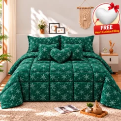 Emerald Green White Snowflake Comforter Set