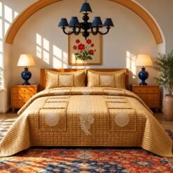 Golden Beige Ornamental Medallion King Size Quilted Bedspread Set