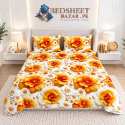 Golden Orange Floral Printed Micro Cotton King Size Bedsheet Set