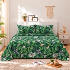 Green Tropical Leaf Cotton Printed Bedsheet