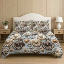 Grey Beige Geometric Floral Printed Micro Cotton King Size Bedsheet Set