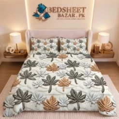 Grey Black Gold Leaf Printed Micro Cotton King Size Bedsheet Set – 3 Pcs