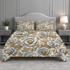 Grey Blue Fan Floral Printed Micro Cotton King Size Bedsheet Set