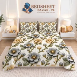 Grey & Gold Floral Printed Micro Cotton King Size Bedsheet Set