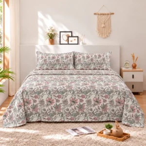 Grey Mauve Delicate Floral Cotton Printed Bedsheet