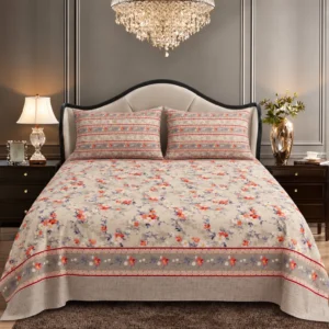 Grey Red Floral Stripe King Size Printed Bedsheet