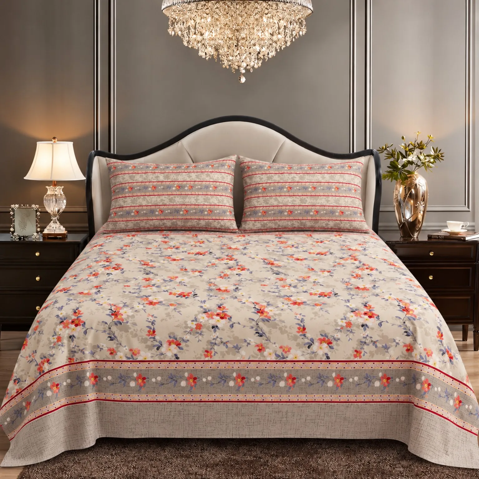 Grey Red Floral Stripe King Size Printed Bedsheet