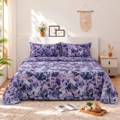 Indigo Purple Dense Floral Cotton Printed Bedsheet