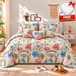 Ivory Blue Pink Wildflower Comforter Set