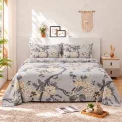 Ivory Grey Botanical Branch Cotton Printed Bedsheet