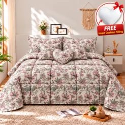 Ivory Pink Grey Delicate Floral Comforter Set (7PCs)