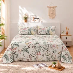 Ivory Taupe Fine Botanical Cotton Printed Bedsheet