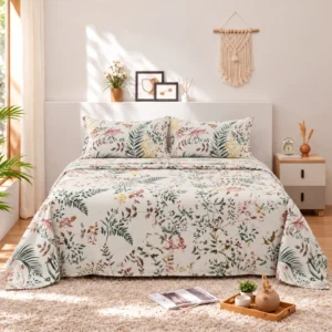 Ivory Taupe Fine Botanical Cotton Printed Bedsheet
