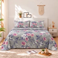 Lilac Pink Botanical Floral Cotton Printed Bedsheet