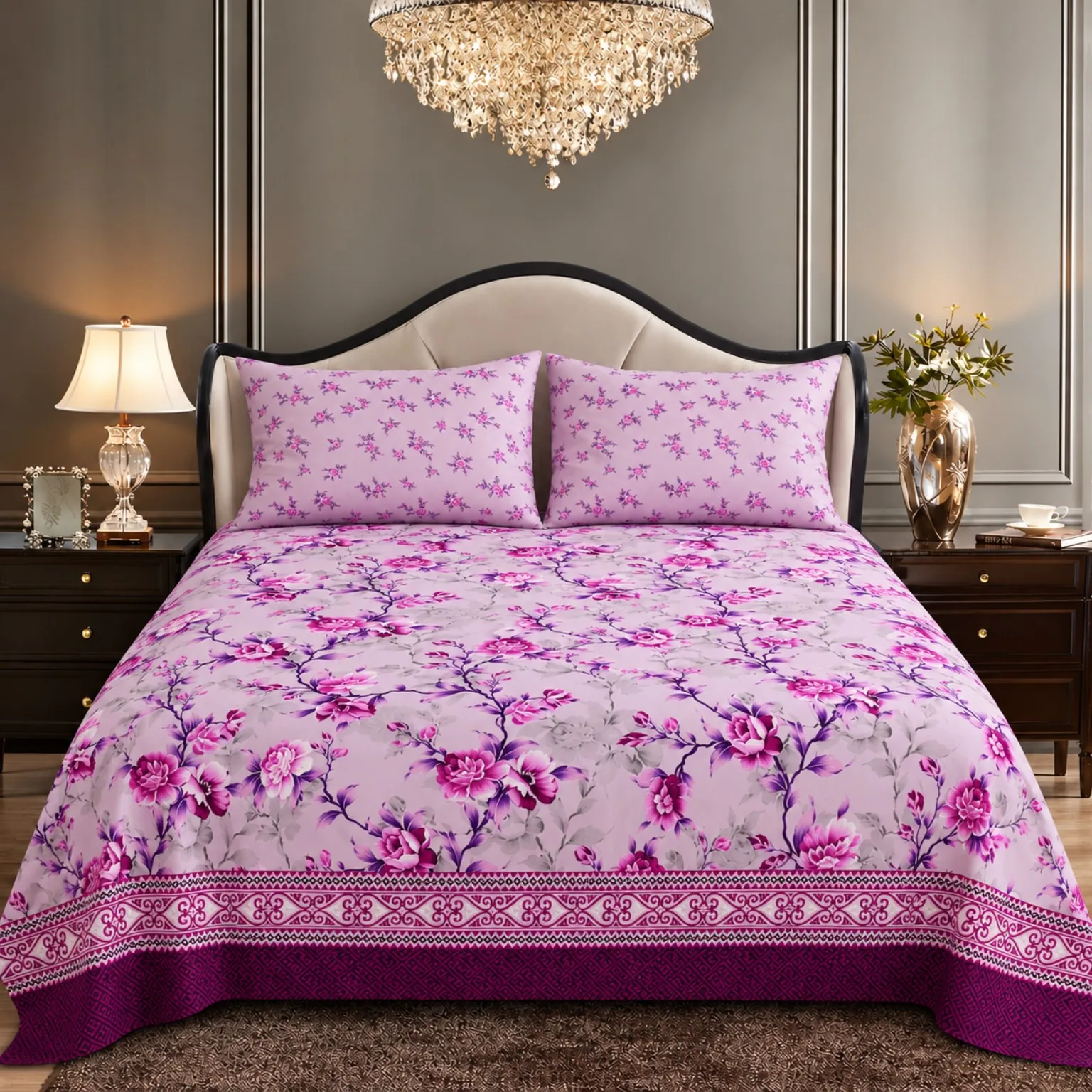 Lilac Orchid Floral Border King Size Printed Bedsheet