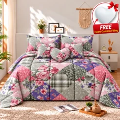 Multicolor Pink Grey Purple Patchwork Floral Comforter Set
