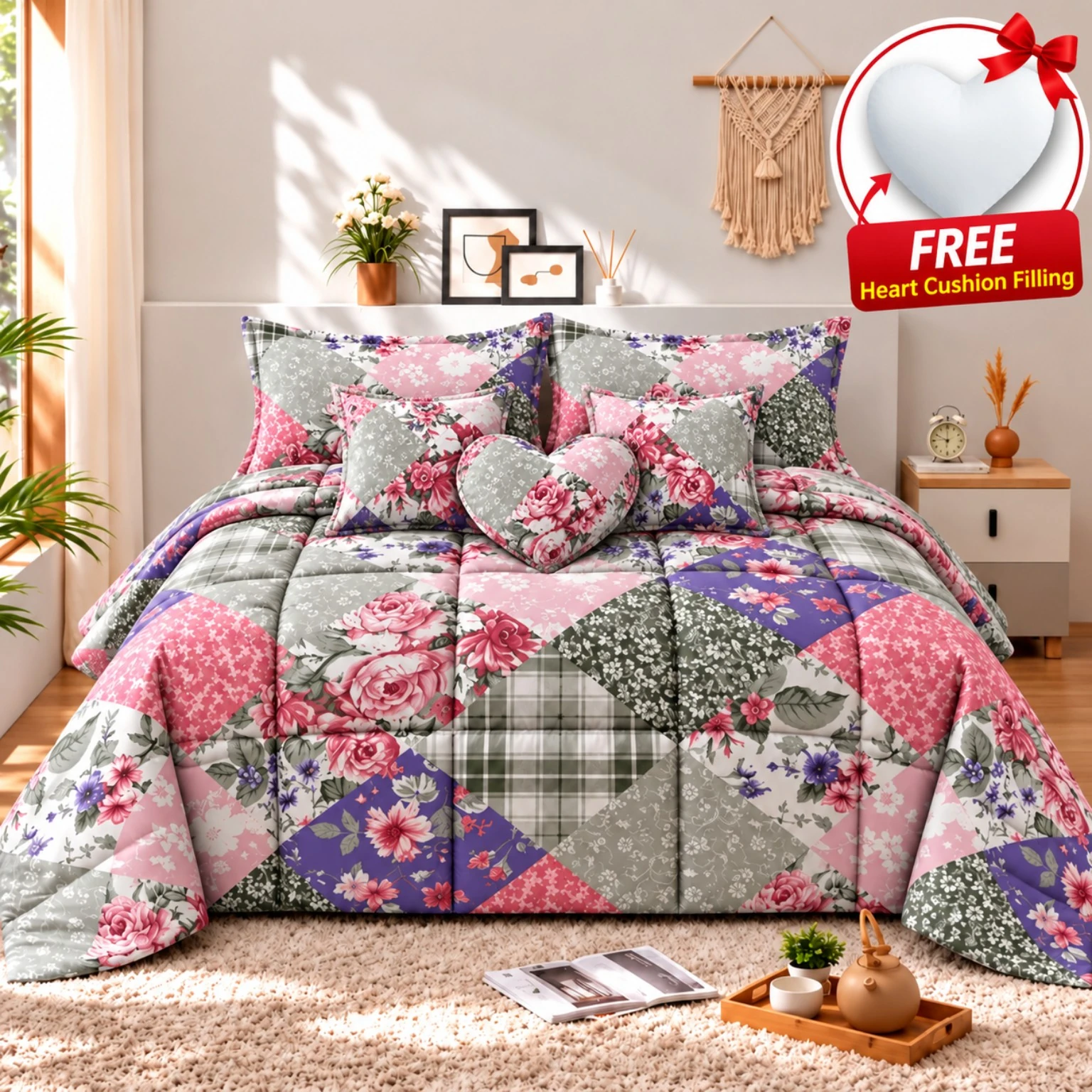 Multicolor Pink Grey Purple Patchwork Floral Comforter Set