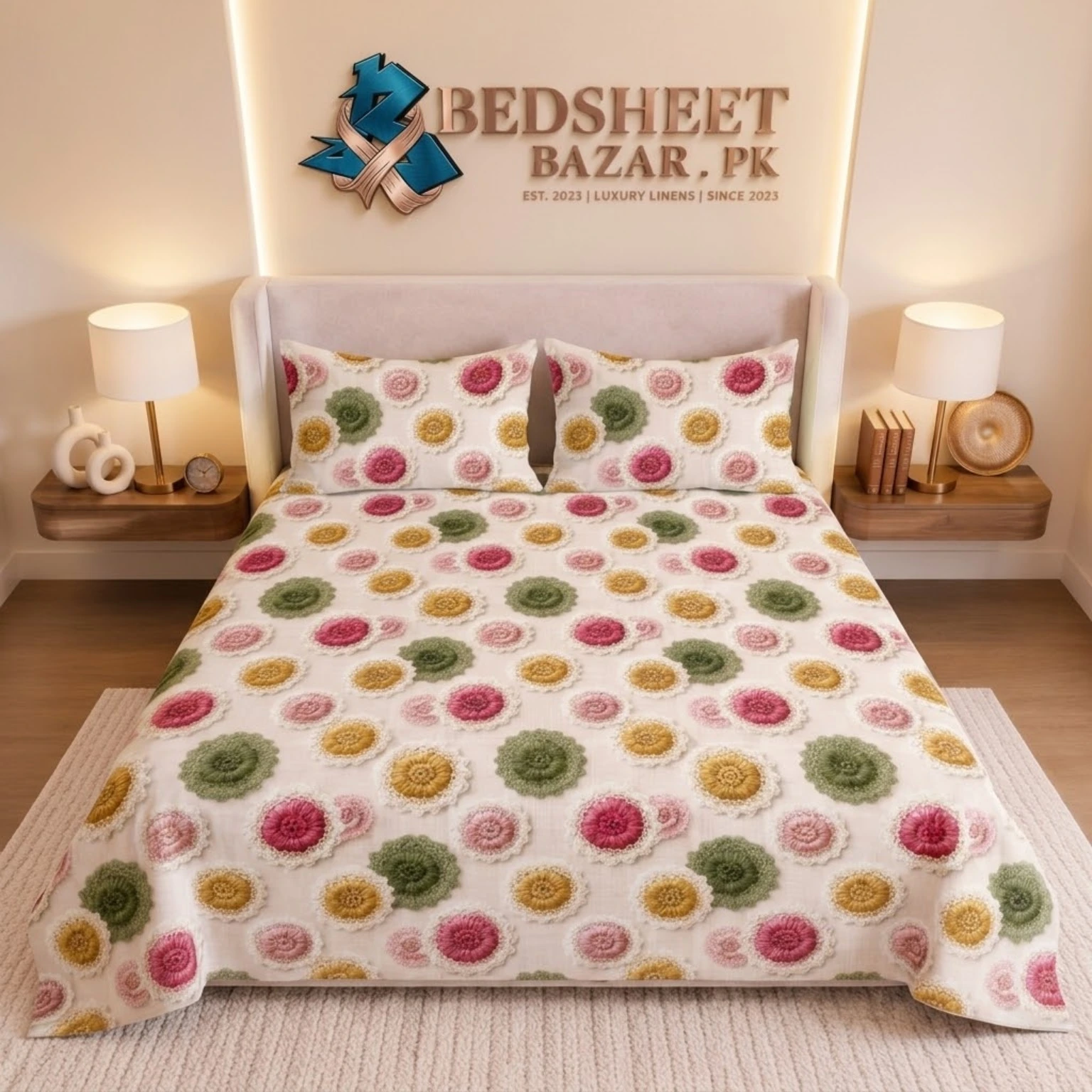 Multicolor Round Floral Printed Micro Cotton King Size Bedsheet Set – 3 Pcs