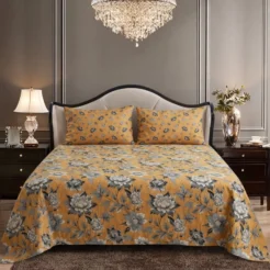 Mustard Grey Floral King Size Printed Bedsheet